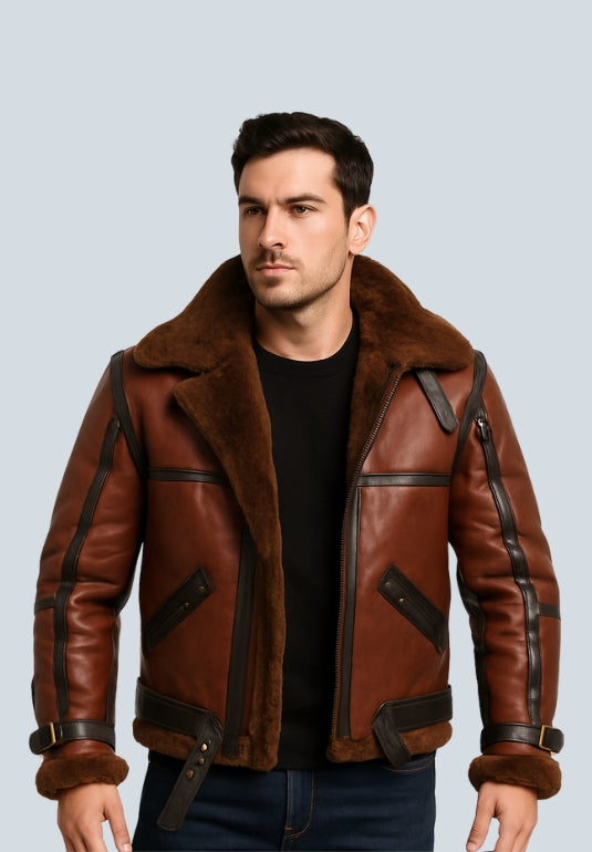 Grant RAF British Shearling Aviator Brown Leather Bomber Jacket